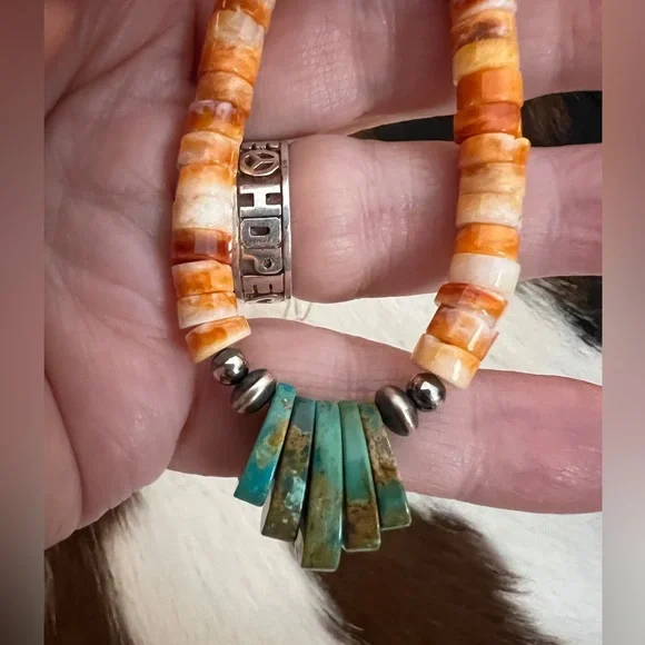 ❤️ Spiny Oyster Heishi Beads & 925 Desert Pearl Navajo Style Jacla Necklace 18” - Picture 5 of 14